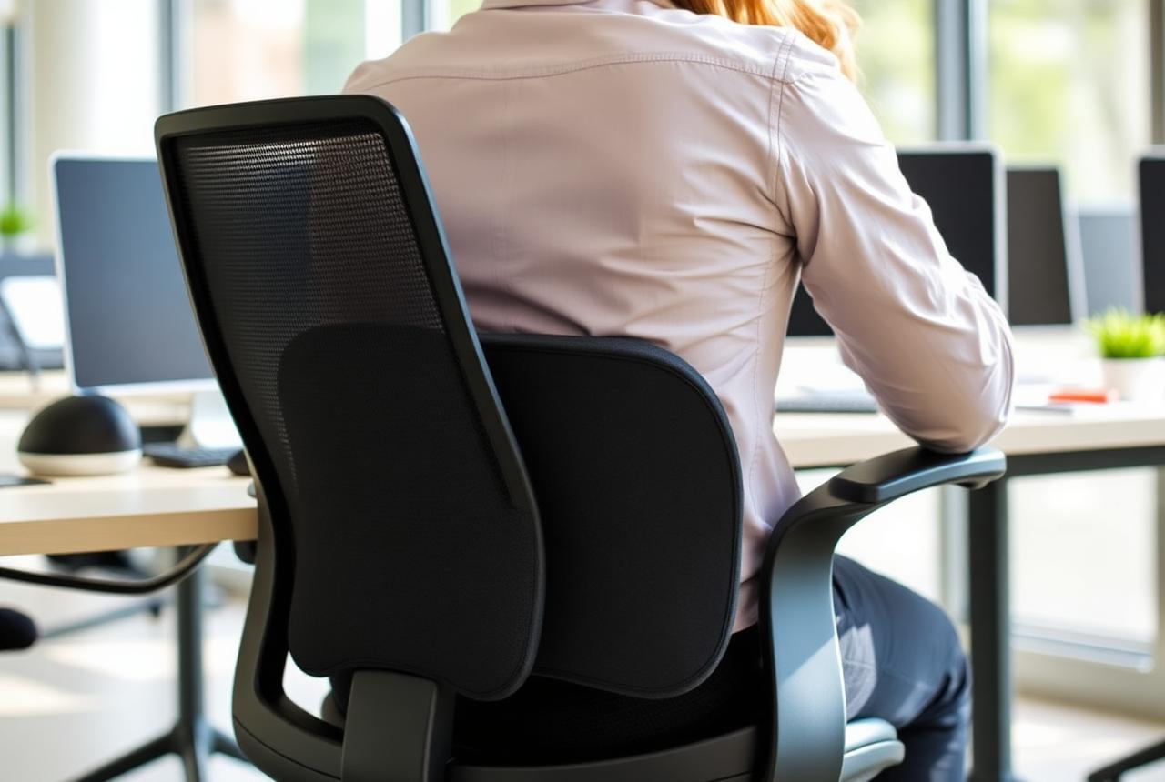Office worker using the Back Halo Max cushion against a desk chair backrest